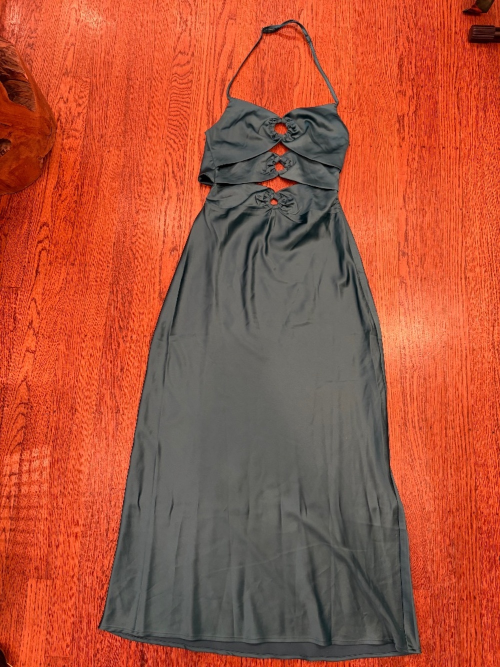 Alice Elle Satin Halter Maxi Dress Size 10 Green Ring Cutout Ruched Tie Back